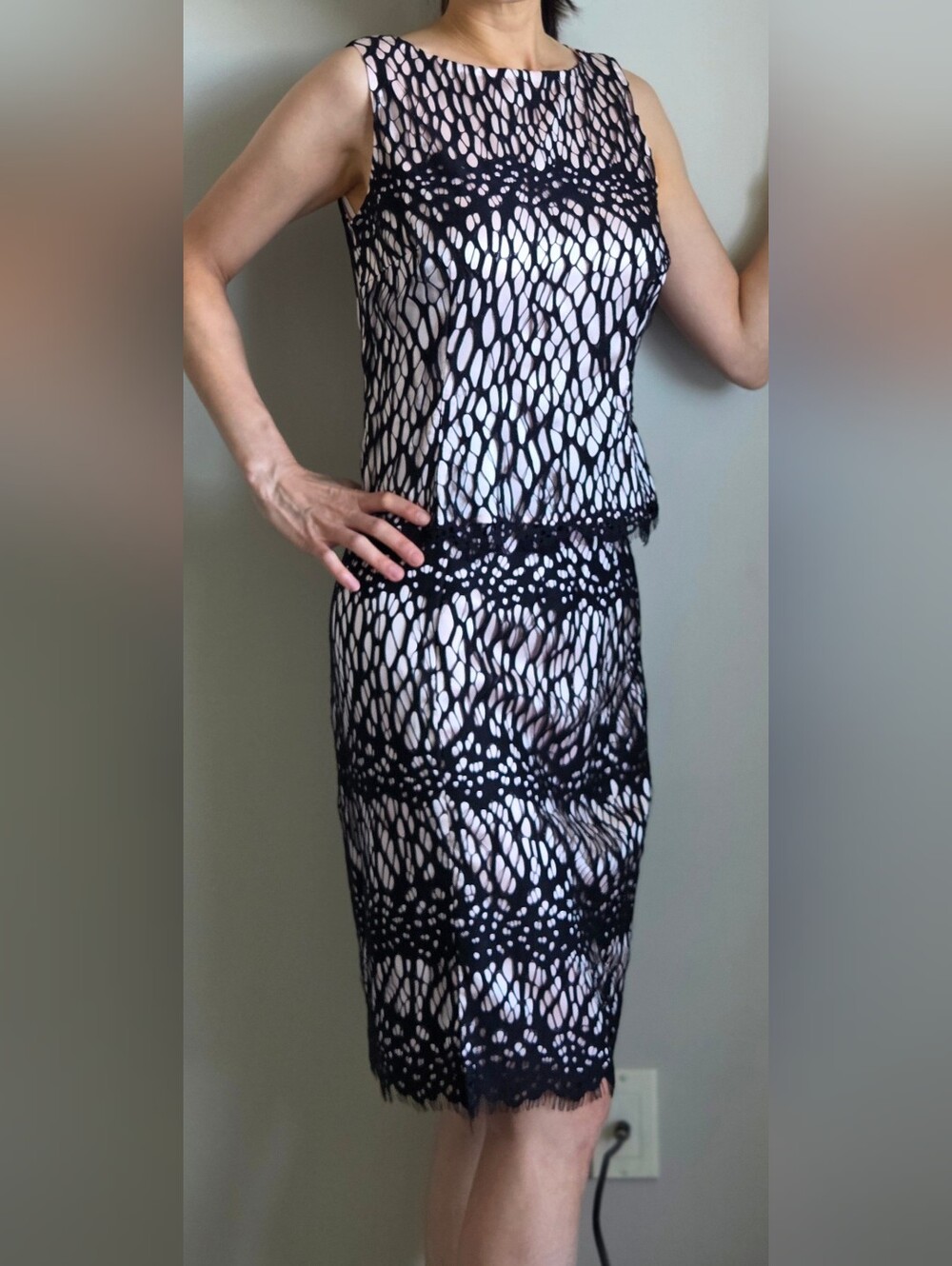 100% Silk Carlisle Pink Shell with Black Lace Overlay Top And Skirt Set